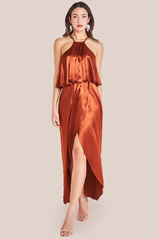 Midi dresses with ruffled hems for a romantic date nightGoddiva Satin Viscose Front Wrap Midaxi Dress - Brown Midi dresses with ruffled hems for a romantic date nightGoddiva Satin Viscose Front Wrap Midaxi Dress - Brown