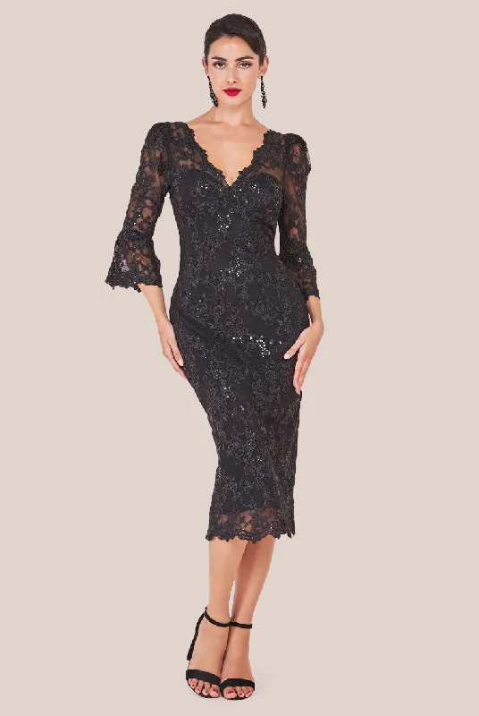 Midi dresses with keyhole backs for a flirty and unexpected detailGoddiva Sequin Scallop Lace Midi Dress - Black