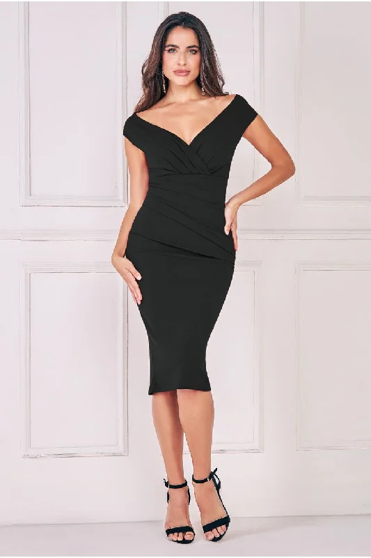 Midi dresses with pleated skirts for a timeless and elegant appealGoddiva Scuba Bardot Pleated Midi Dress - Black Midi dresses with pleated skirts for a timeless and elegant appealGoddiva Scuba Bardot Pleated Midi Dress - Black