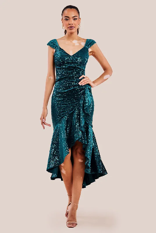 Midi dresses with pleated skirts for a timeless and elegant appealGoddiva Sequin & Velvet Bardot High Low Midaxi Dress - Emerald Green