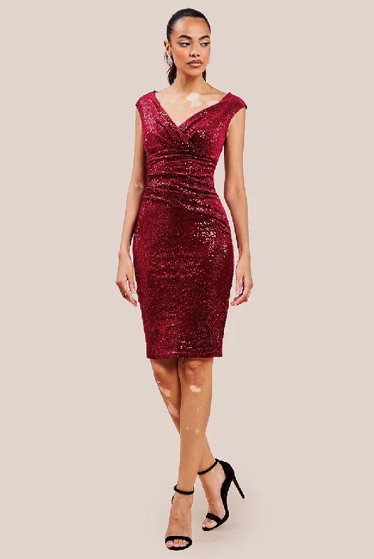 Midi dresses with puff sleeves for a vintage - inspired lookGoddiva Sequin & Velvet Bardot Midi Dress - Wine Midi dresses with puff sleeves for a vintage - inspired lookGoddiva Sequin & Velvet Bardot Midi Dress - Wine