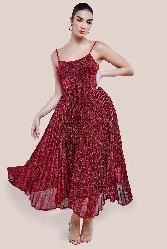 Midi dresses with gathered skirts for a full and flowing silhouetteGoddiva Tie Back Pleated Lurex Skater Midi Dress - Burgundy
