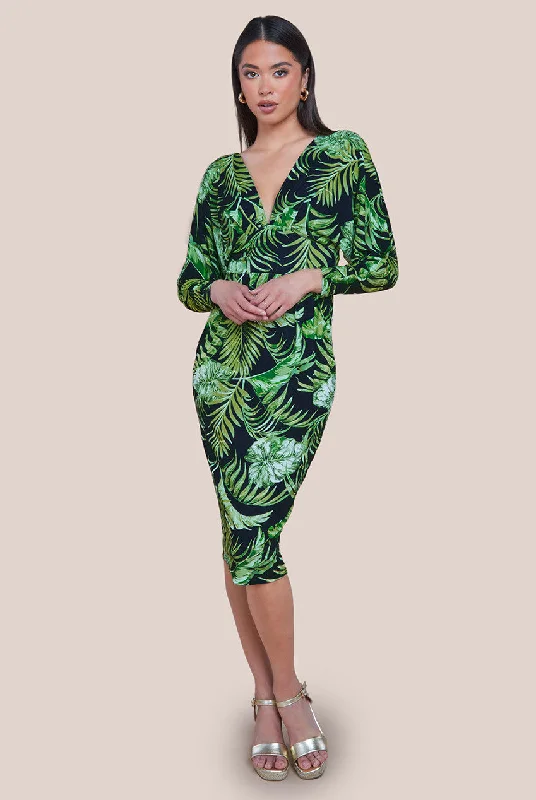 Midi dresses with button - down skirts for a unique and functional designGoddiva Tropical Print Midi With Batwing Sleeves - Green