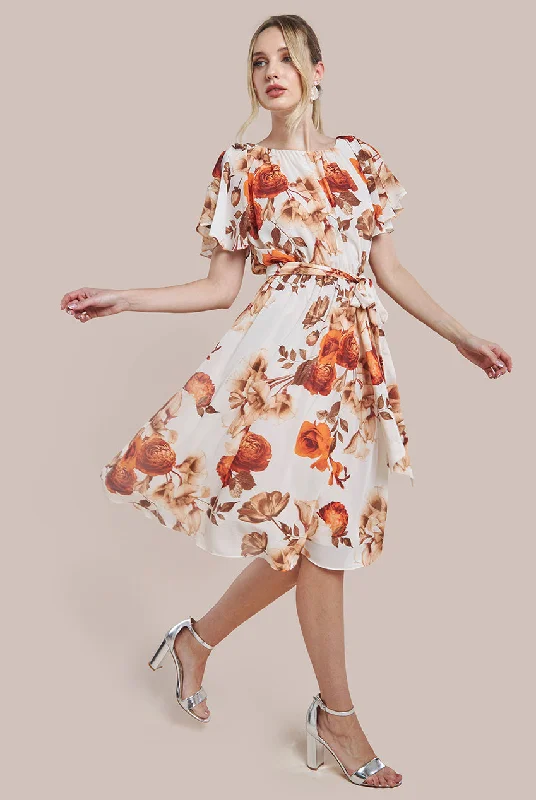 Midi dresses with embroidered accents for a unique and detailed designGoddiva Wrap Back Flutter Sleeve Midi - Beige