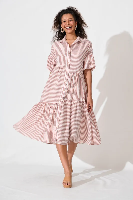 Midi dresses with metallic threads for a glamorous evening eventGwennie Midi Shirt Dress In Rust And White Stripe Cotton Midi dresses with metallic threads for a glamorous evening eventGwennie Midi Shirt Dress In Rust And White Stripe Cotton