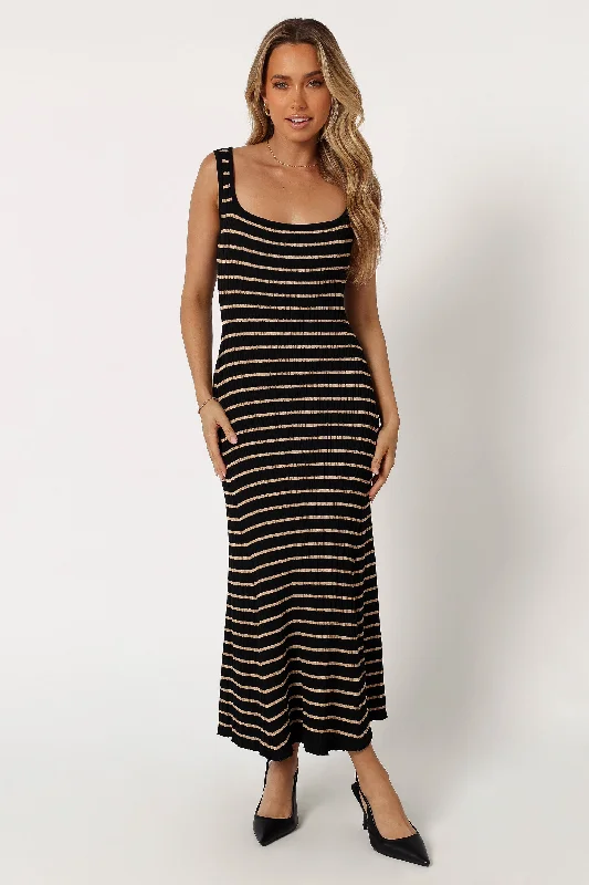 A - line midi dresses with floral prints for spring brunchesHenry Striped Midi Dress - Black Beige A - line midi dresses with floral prints for spring brunchesHenry Striped Midi Dress - Black Beige