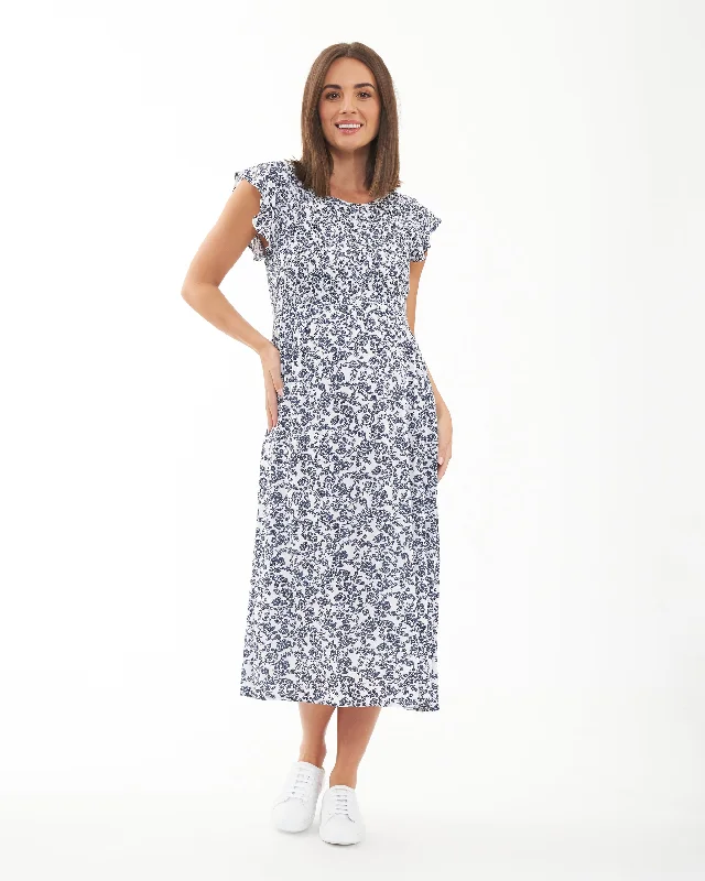 Midi dresses with bow accents for a sweet and charming lookJoyce Shirred Dress  White / Navy