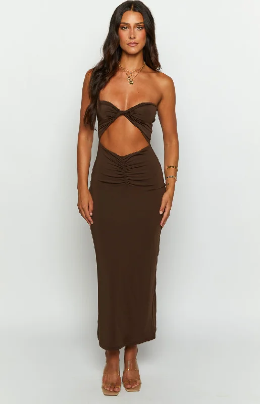 High - low midi dresses with geometric patterns for a modern partyJuliete Brown Midi Dress