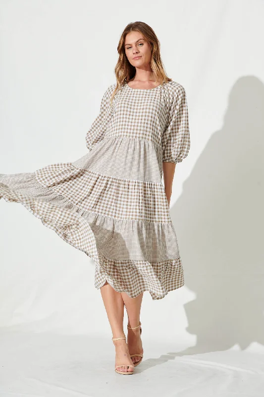 Midi dresses with puff sleeves for a vintage - inspired lookKitty Midi Smock Dress In Beige Gingham Check