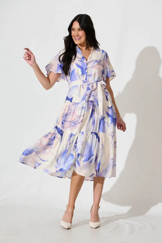 A - line midi dresses with floral prints for spring brunchesLavani Midi Shirt Dress in Blue Multi Cotton Blend