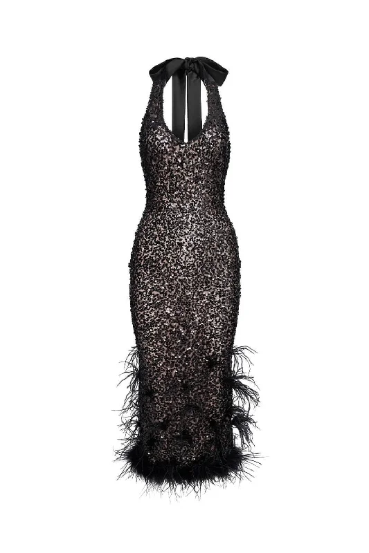 Sleeveless midi dresses with lace details for summer weddingsLivia Bodycon Feather Spandex Midi Dress