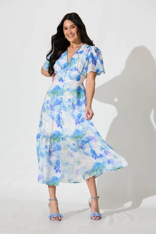 Midi dresses with V - necklines for a flattering and elongating effectLovelight Midi Dress in White with Blue and Green Floral