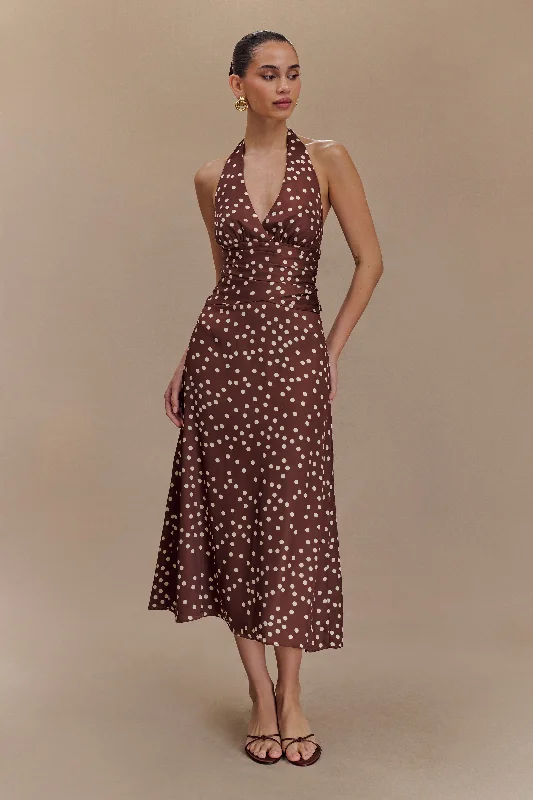 Midi dresses with gathered skirts for a full and flowing silhouetteMarguerite Satin Halter Midi Dress - Brown Polka Dot Print