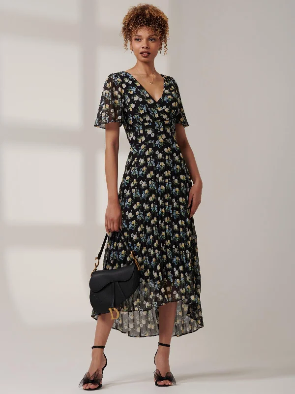 Midi dresses with embroidered accents for a unique and detailed designMeagan V-Neck Chiffon Maxi Dress, Black Floral