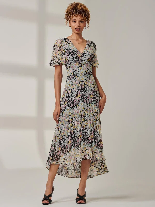 Midi dresses with ruffled hems for a romantic date nightMeagan V-Neck Chiffon Maxi Dress, Black Multi