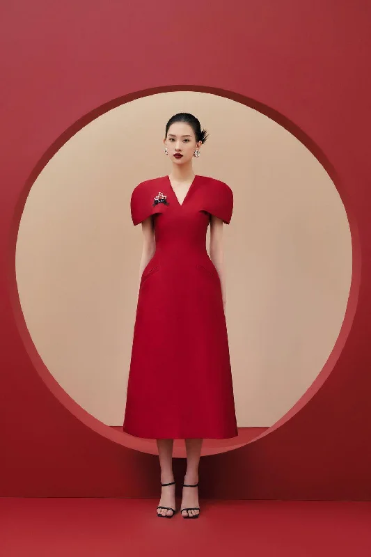Midi dresses with button - down skirts for a unique and functional designMelanie A-line Cape Sleeved Twisted Woven Midi Dress