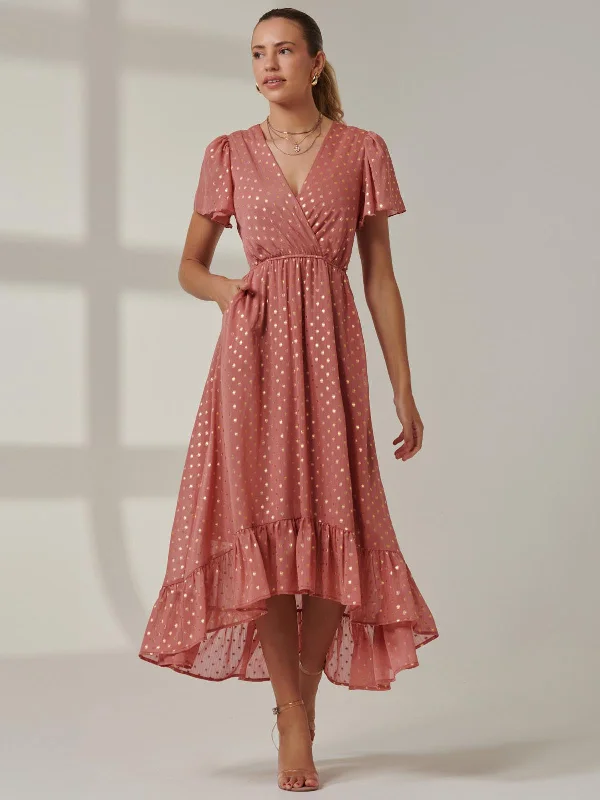 Midi dresses with wrap - around skirts for a customizable fitMetallic Effect Angel Sleeve Maxi Dress, Coral/Gold