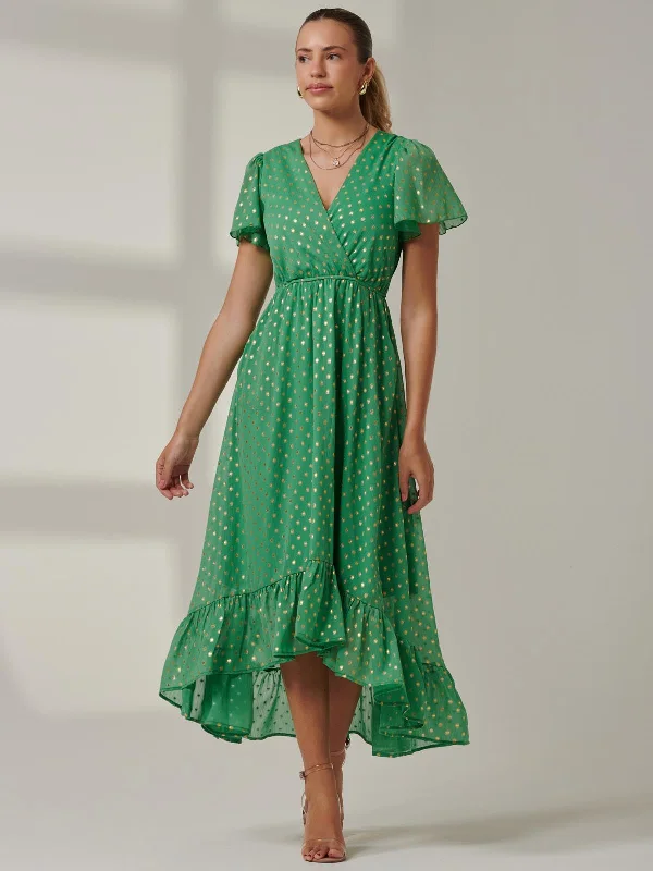 Midi dresses with printed lining for a hidden and stylish detailMetallic Effect Angel Sleeve Maxi Dress, Green/Gold