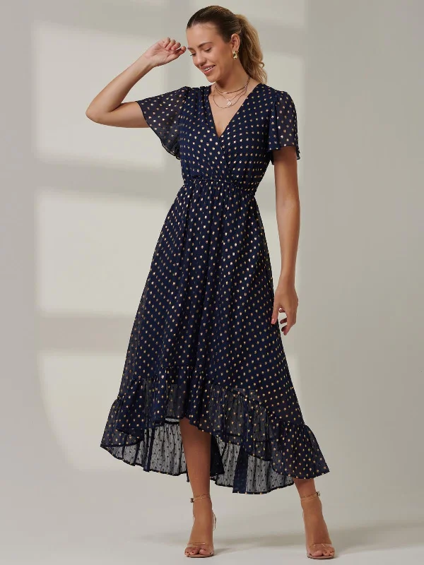 Midi dresses with embroidered accents for a unique and detailed designMetallic Effect Angel Sleeve Maxi Dress, Navy/Gold
