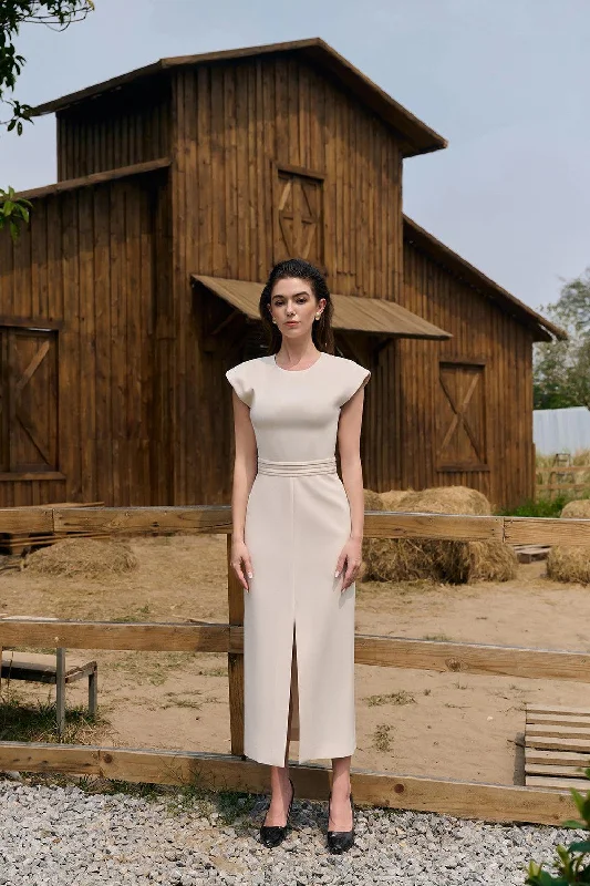 Midi dresses with asymmetric hems for a fashion - forward and dynamic appearanceMiery Sheath Round Neck Twill Midi Dress