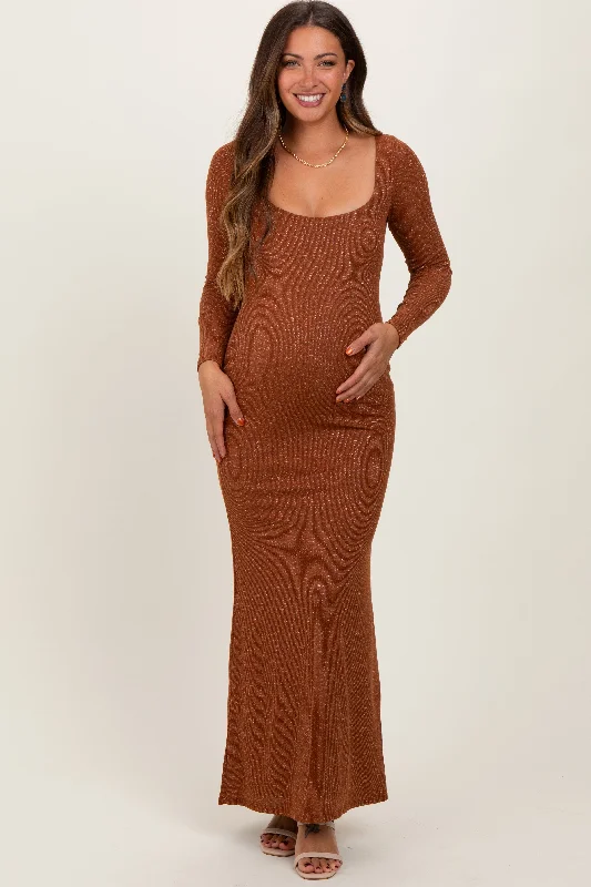 Midi dresses with side slits for a sexy and elegant appearanceMocha Basic Square Neck Long Sleeve Maternity Maxi Dress
