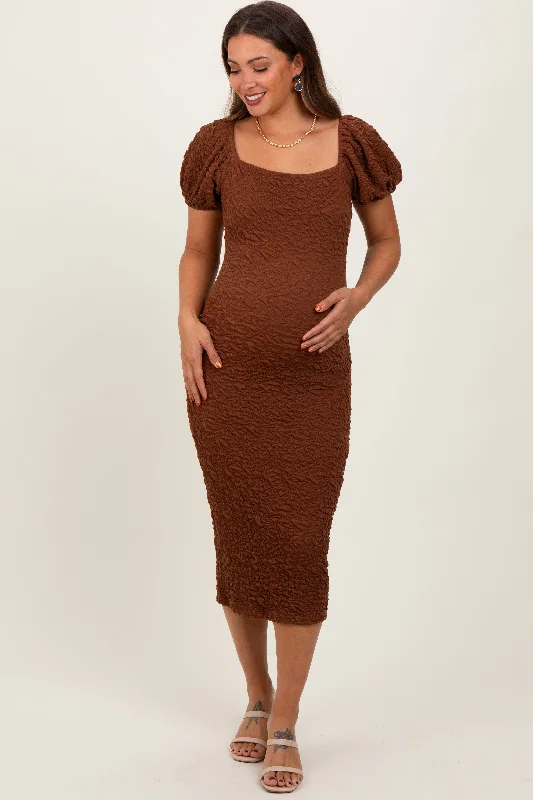 Plaid midi dresses for a fall - themed family gatheringMocha Textured Square Neck Puff Sleeve Maternity Midi Dress