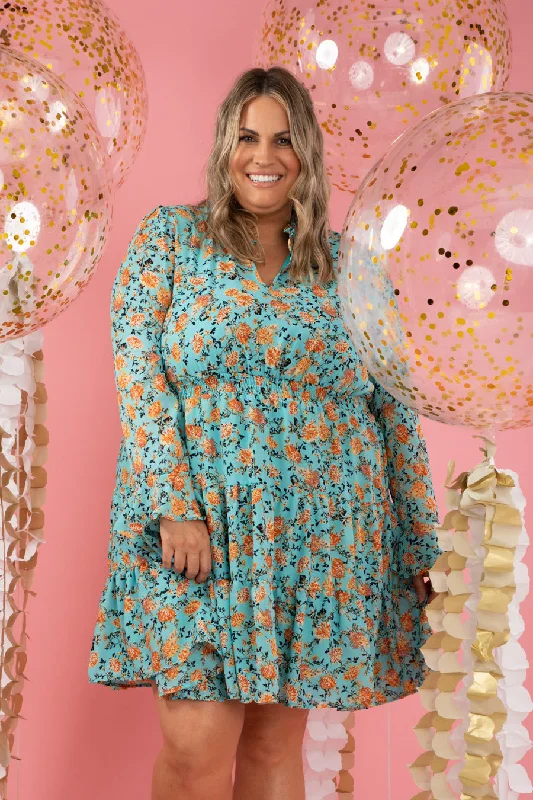Midi dresses with pom - pom trims for a playful and festive lookMarlowe Dress Aqua Floral Midi dresses with pom - pom trims for a playful and festive lookMarlowe Dress Aqua Floral