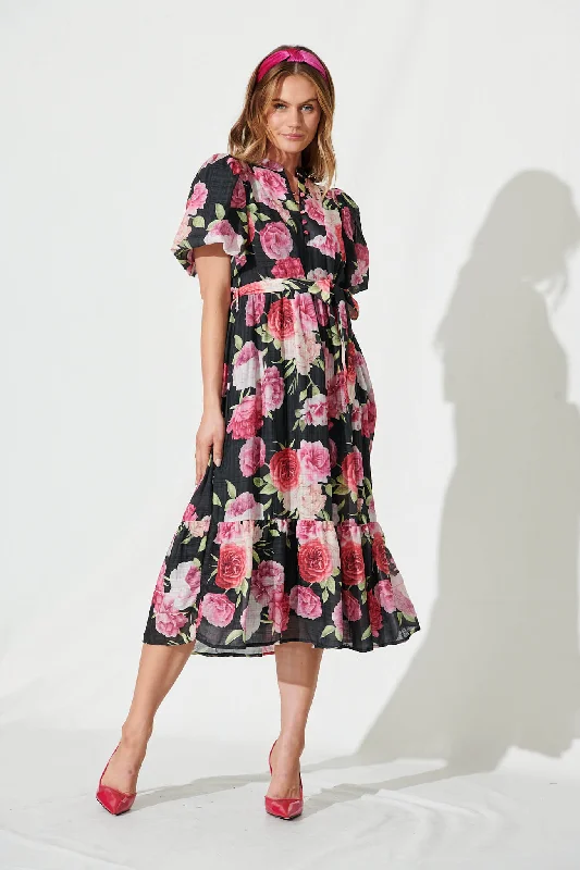 Midi dresses with empire waists for a flattering maternity optionPortofino Midi Dress In Black And Pink Floral