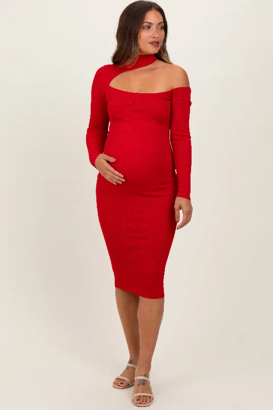 Midi dresses with bow accents for a sweet and charming lookRed Mock Neck Cutout Maternity Fitted Midi Dress