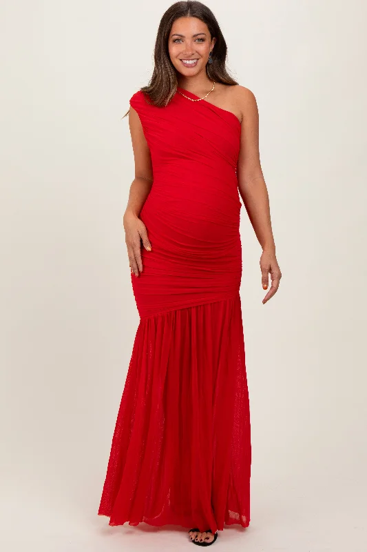 Midi dresses with one - shoulder designs for a modern and asymmetric styleRed Ruched Mesh One Shoulder Maternity Maxi Dress