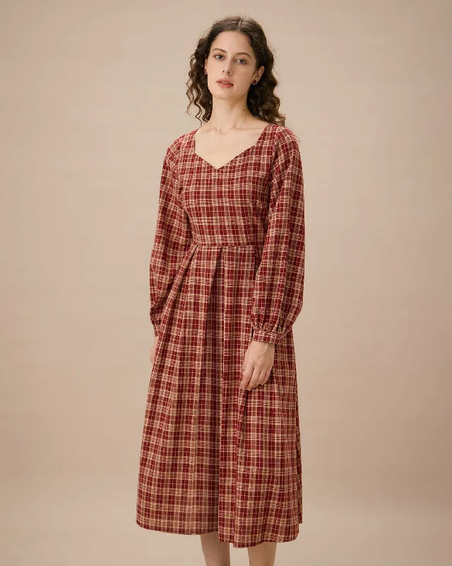 Midi dresses with animal prints for a bold and confident appearanceRed Sweetheart Neck Plaid Midi Dress Midi dresses with animal prints for a bold and confident appearanceRed Sweetheart Neck Plaid Midi Dress