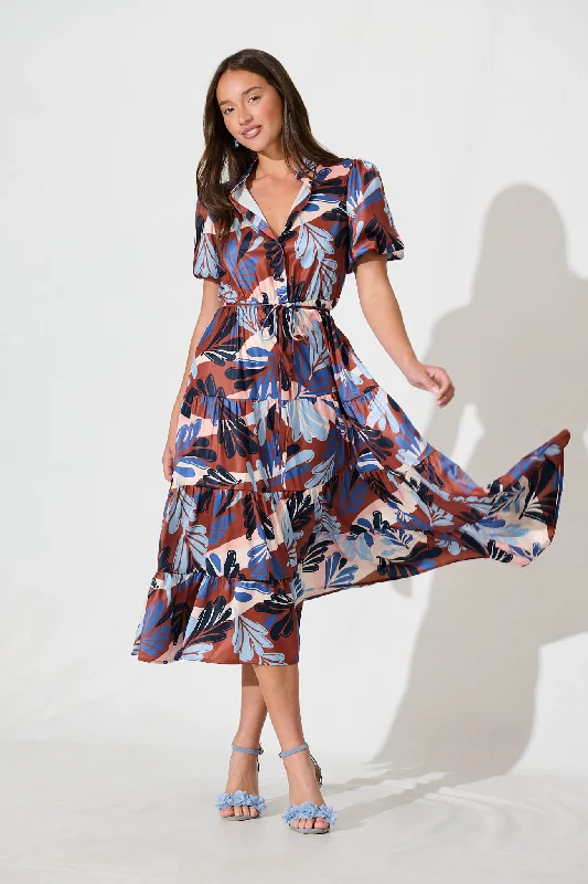 Midi dresses with ruffled sleeves for a more feminine and voluminous lookSienna Midi Dress In Chocolate With Blue Multi Print Satin