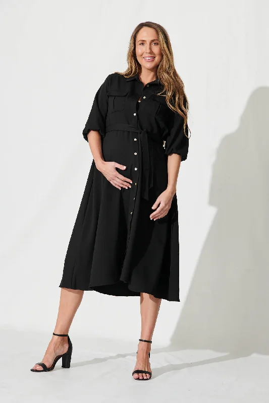 Midi dresses with satin - finish fabrics for a luxurious feelSinatra Midi Shirt Dress In Black Cotton Blend
