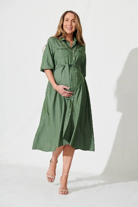 Wrap - style midi dresses in silk for a sophisticated office lookSinatra Midi Shirt Dress In Emerald Cotton Blend