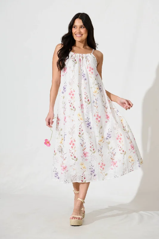 Midi dresses with belted waists to accentuate the figureSunetta Midi Sundress in White Floral Textured Broderie