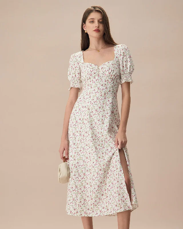 Midi dresses with ruched bodices for a feminine and fitted feelThe Beige Sweetheart Neck Puff Sleeve Floral Midi Dress Midi dresses with ruched bodices for a feminine and fitted feelThe Beige Sweetheart Neck Puff Sleeve Floral Midi Dress