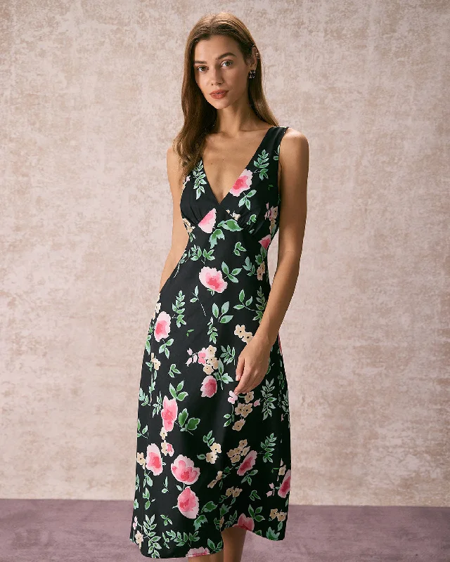 Midi dresses with off - the - shoulder necklines for a flirty lookThe Black V Neck Tie Back Floral Midi Dress Midi dresses with off - the - shoulder necklines for a flirty lookThe Black V Neck Tie Back Floral Midi Dress