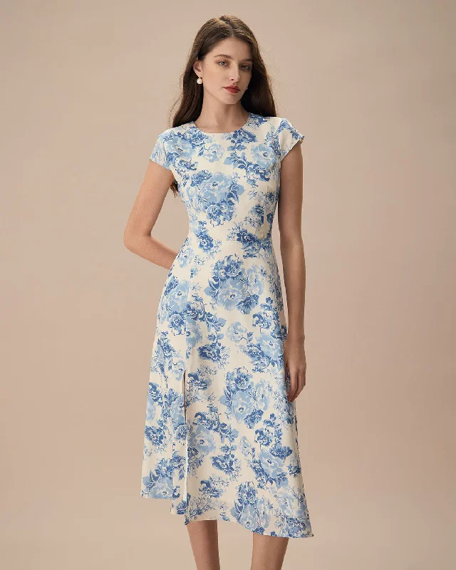 Midi dresses with keyhole backs for a flirty and unexpected detailThe Blue Round Neck Cap Sleeve Floral Midi Dress