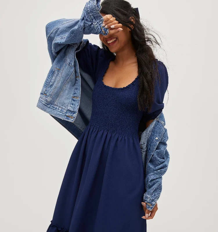 Plaid midi dresses for a fall - themed family gatheringThe Louisa Nap Dress - Navy Crepe