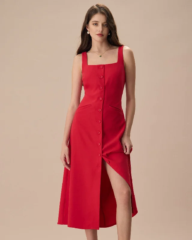 Midi dresses with asymmetric hems for a fashion - forward and dynamic appearanceThe Red Square Neck Pocket Midi Dress