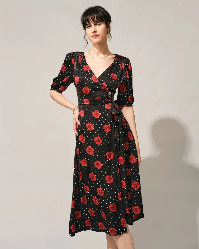 Midi dresses with V - necklines for a flattering and elongating effectThe V Neck Puff Sleeve Floral Wrap Midi Dress