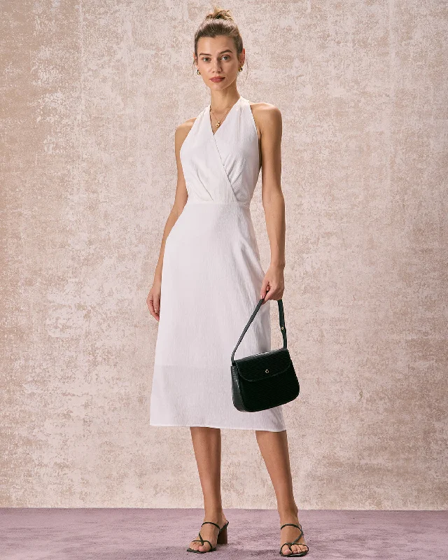 Sheath midi dresses with beaded embellishments for a formal occasionThe White Halter Ruched Wrap Satin Midi Dress Sheath midi dresses with beaded embellishments for a formal occasionThe White Halter Ruched Wrap Satin Midi Dress