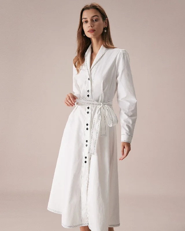 Midi dresses with denim fabric for a casual yet stylish day outThe White Lapel Contrast Stitch Midi Dress
