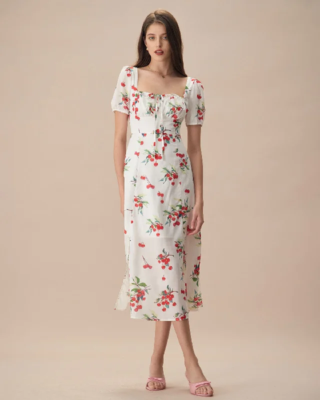 Midi dresses with button - front designs for a classic touchThe White Puff Sleeve Cherry Split Midi Dress