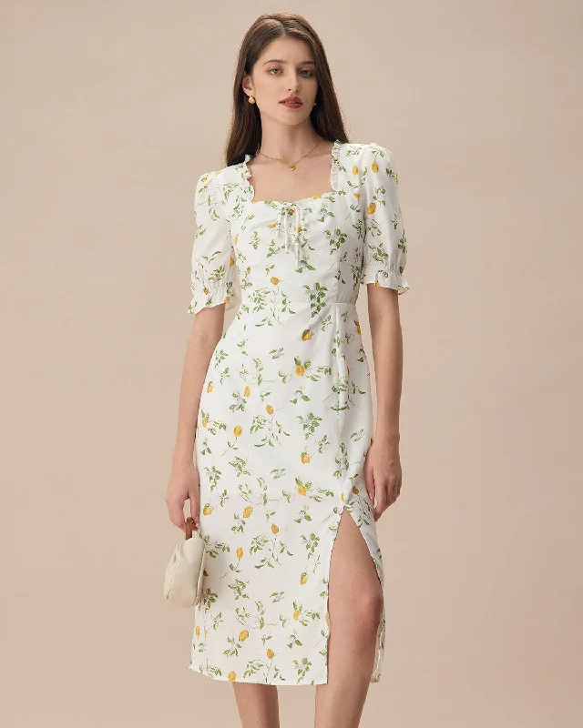 Midi dresses with belted waists to accentuate the figureThe White Square Neck Frill Trim Floral Midi Dress