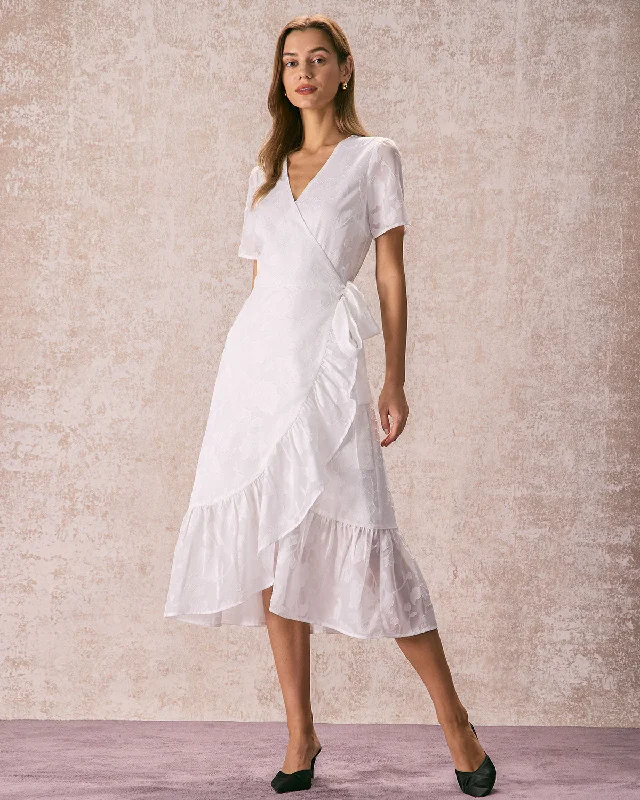 Midi dresses with pom - pom trims for a playful and festive lookThe White V Neck Jacquard Wrap Midi Dress