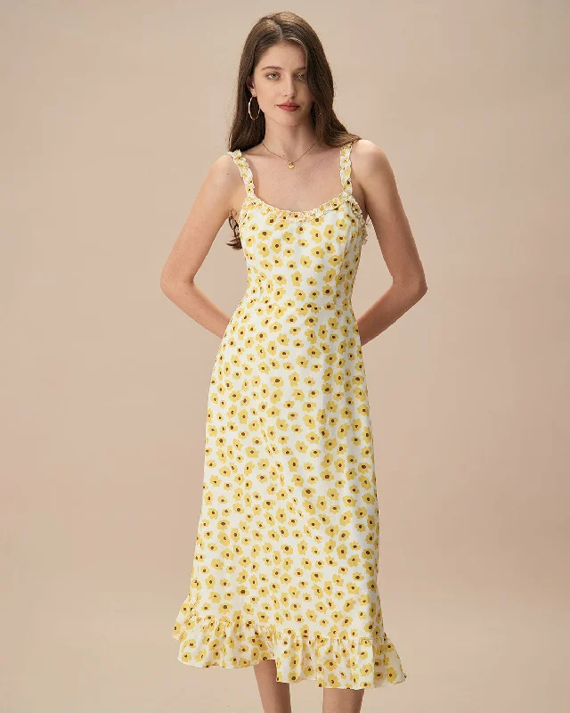 A - line midi dresses with floral prints for spring brunchesThe Yellow Daisy Ruffle Slip Midi Dress