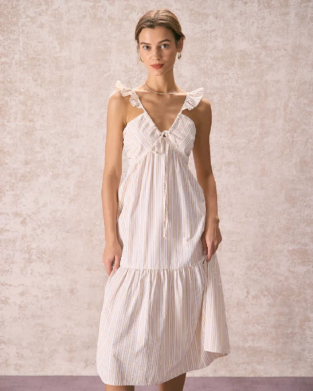 Midi dresses with fringe details for a fun and energetic styleThe Yellow V Neck Striped Ruffle Midi Dress