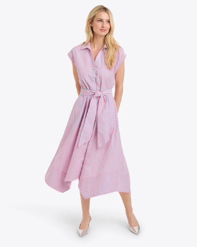 Midi dresses with ruffled sleeves for a more feminine and voluminous lookTrisha Handkerchief Dress in Seersucker Stripe