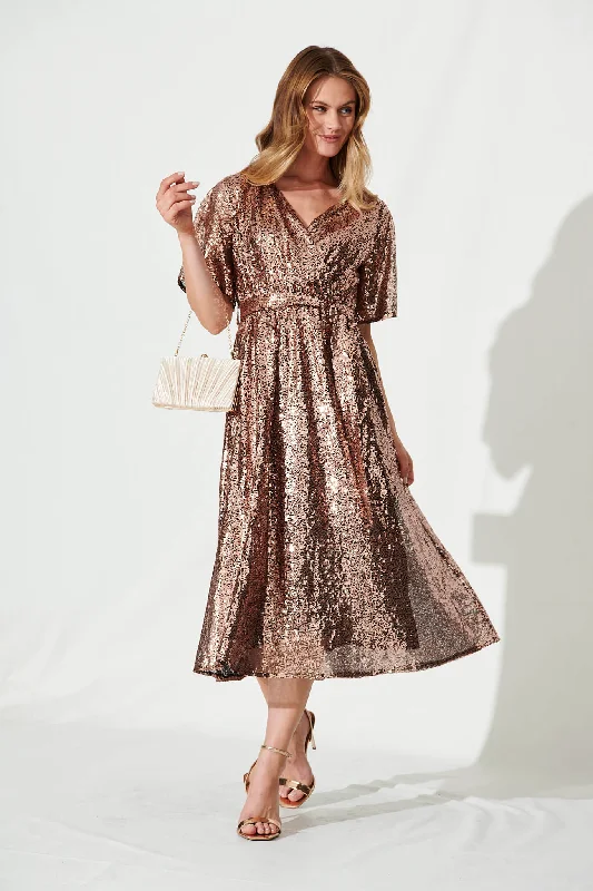 Midi dresses with wrap - around skirts for a customizable fitWinslet Midi Dress In Rose Gold Sequin